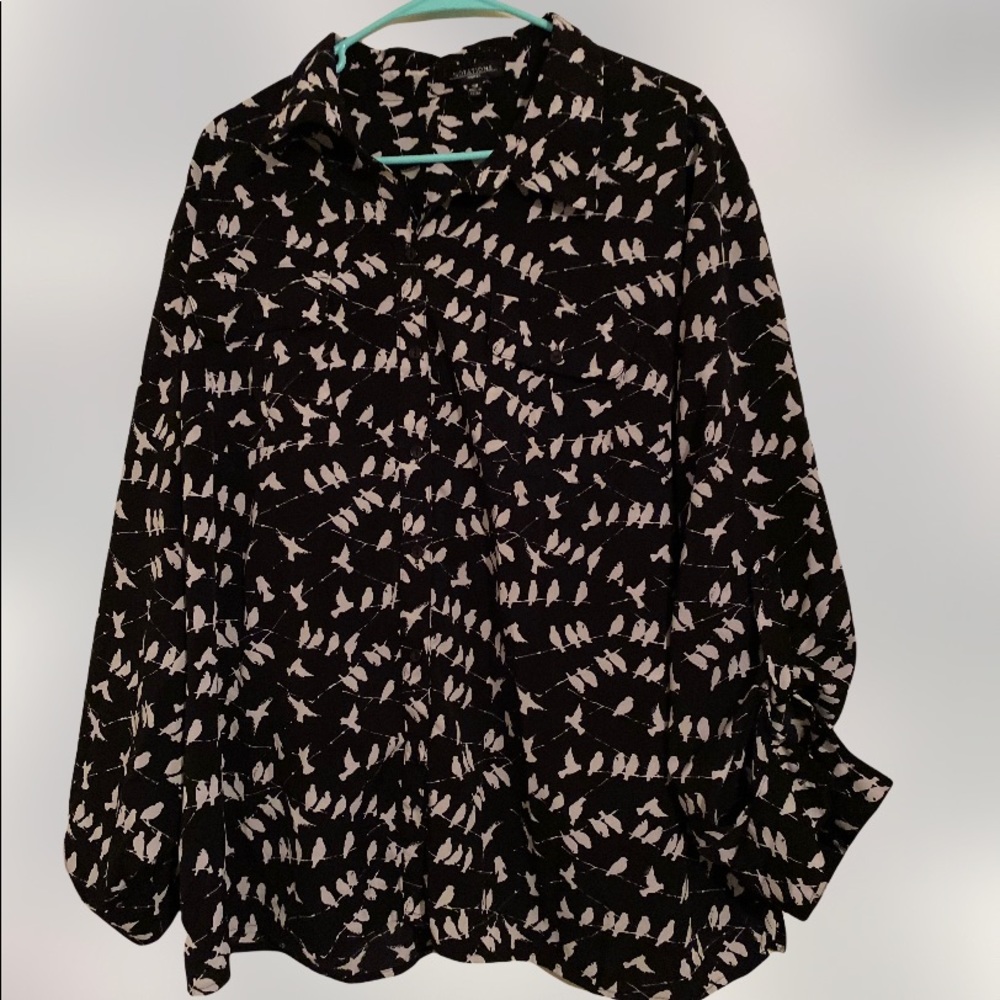 Notations Blue White Bird Print Button Down Blouse 3X Plus Size